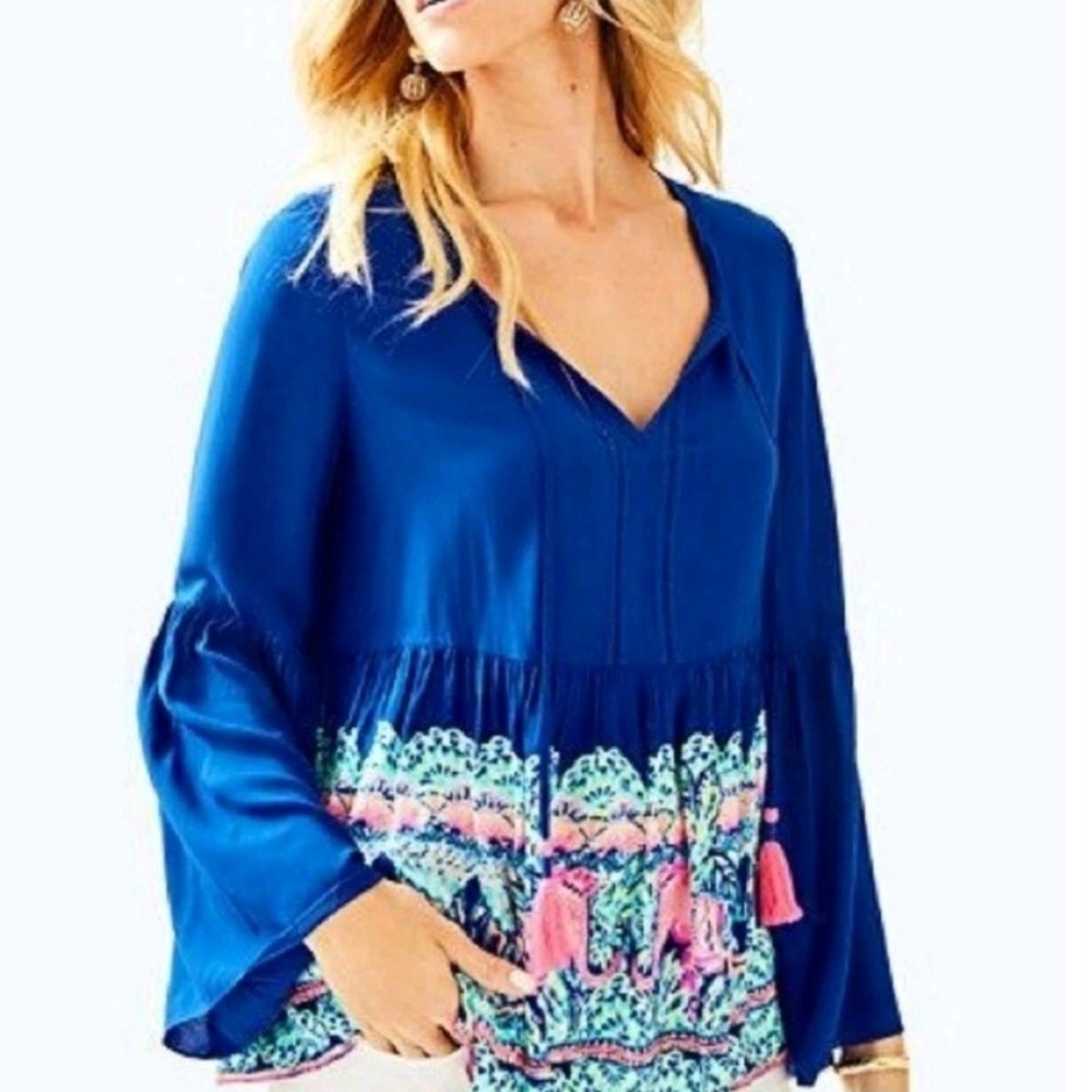 Lilly Pulitzer XXS Royal Blue Elephant Print Tassel Tie Bell Sleeve Blouse Top